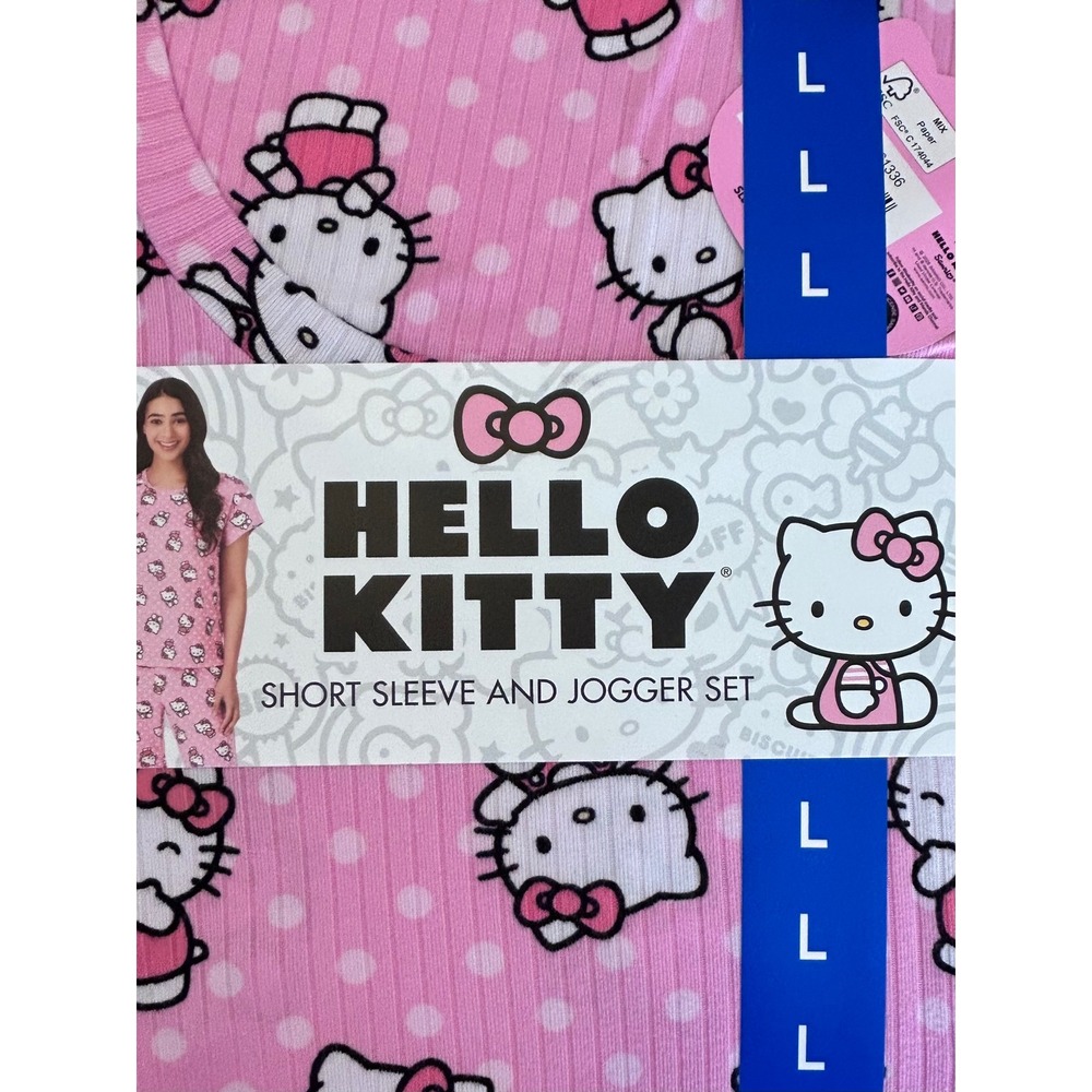 NWT Hello Kitty‎ Pink Polka Dot Ribbed Short Sleeve and Jogger Pajama Set Large